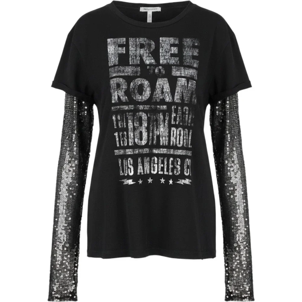 Free People Graphic Tee Women S Black Sequin Layered Distressed Rocker Boho Edgy